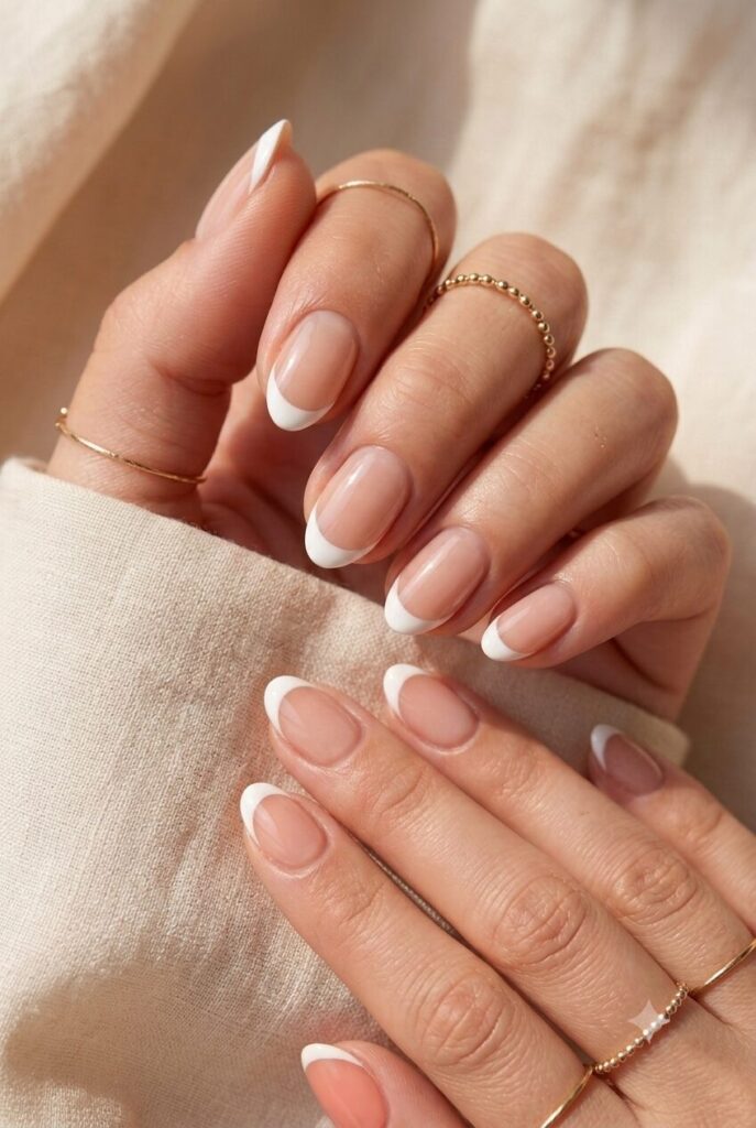Short almond nails with nude base and bright white French tips