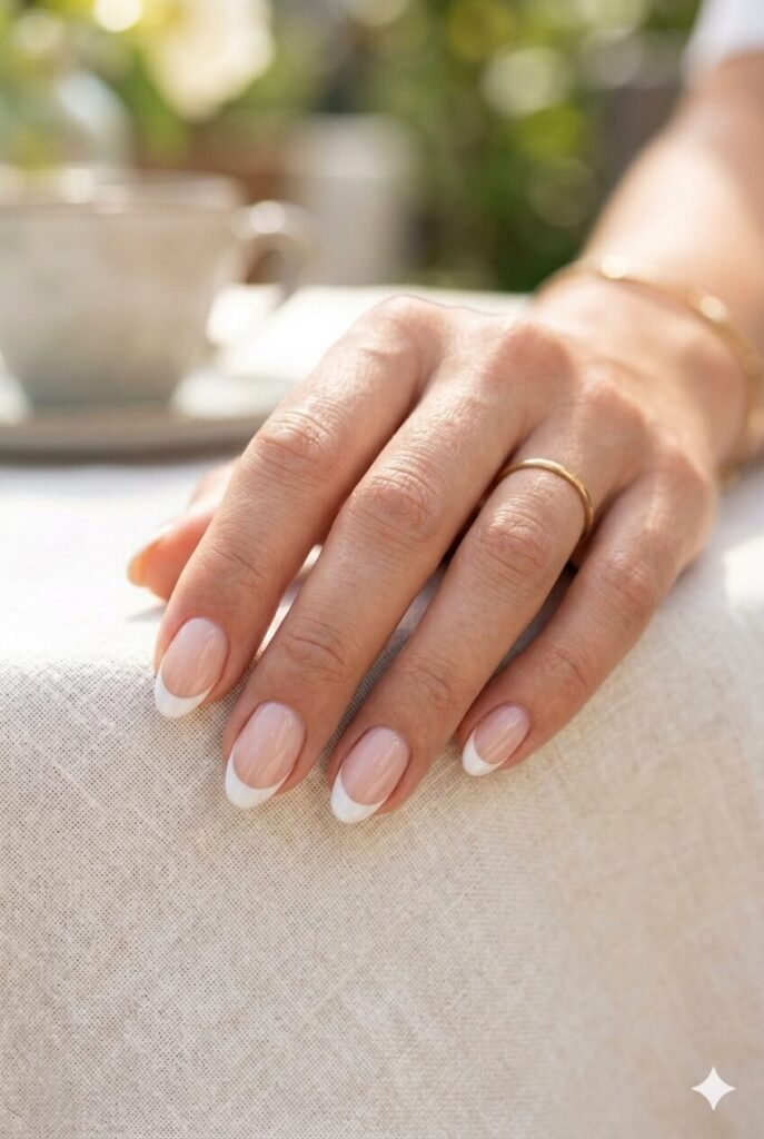 Short almond nails with nude base and bright white French tips