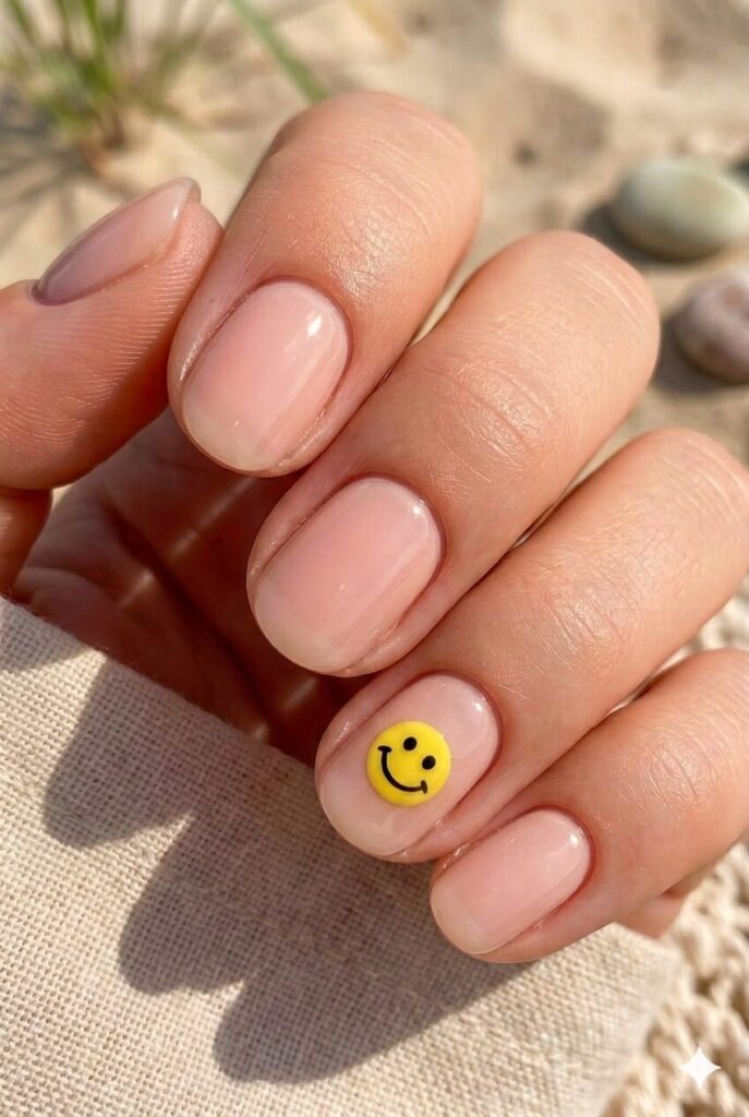 Nude short oval nails with one bright yellow smiley accent nail