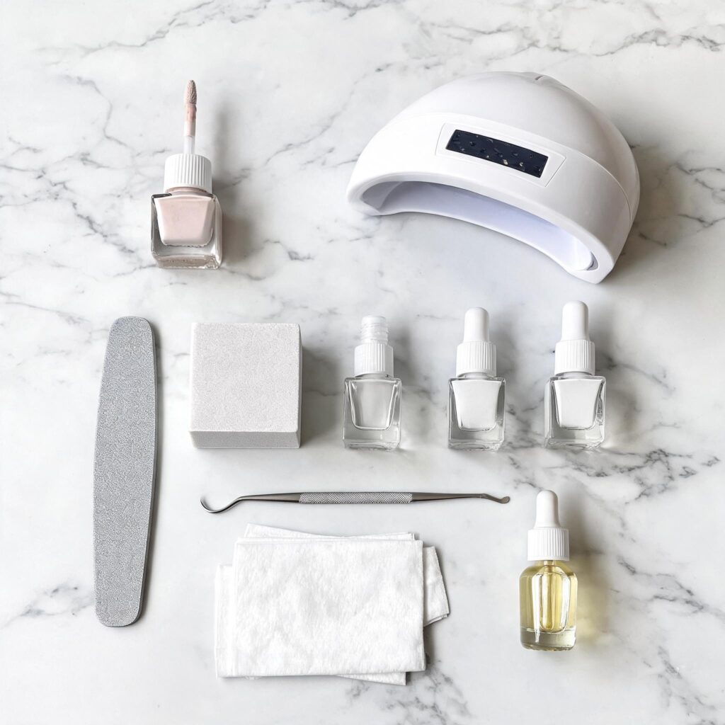 Tools needed for builder gel for natural nails including gel bottle UV lamp file and cuticle oil