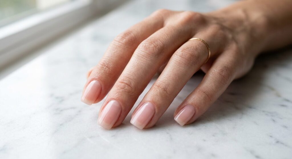 Builder gel for natural nails showing sheer pink overlay with smooth glossy finish