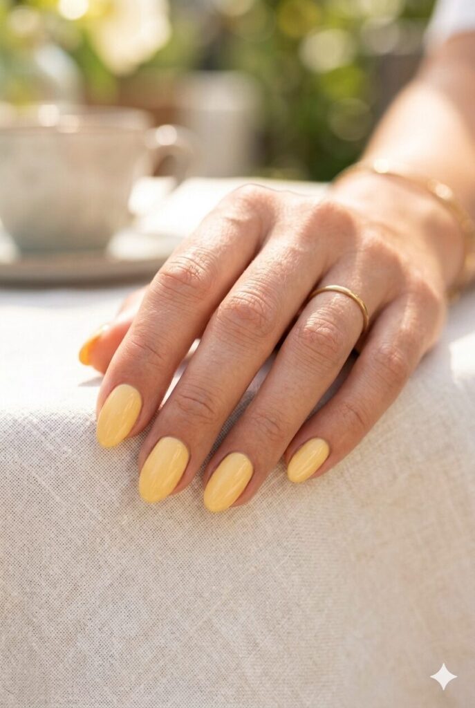 Short oval nails with soft buttercup yellow glossy polish