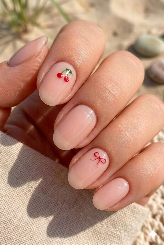 Pink nude oval nails with tiny cherry and bow art accents