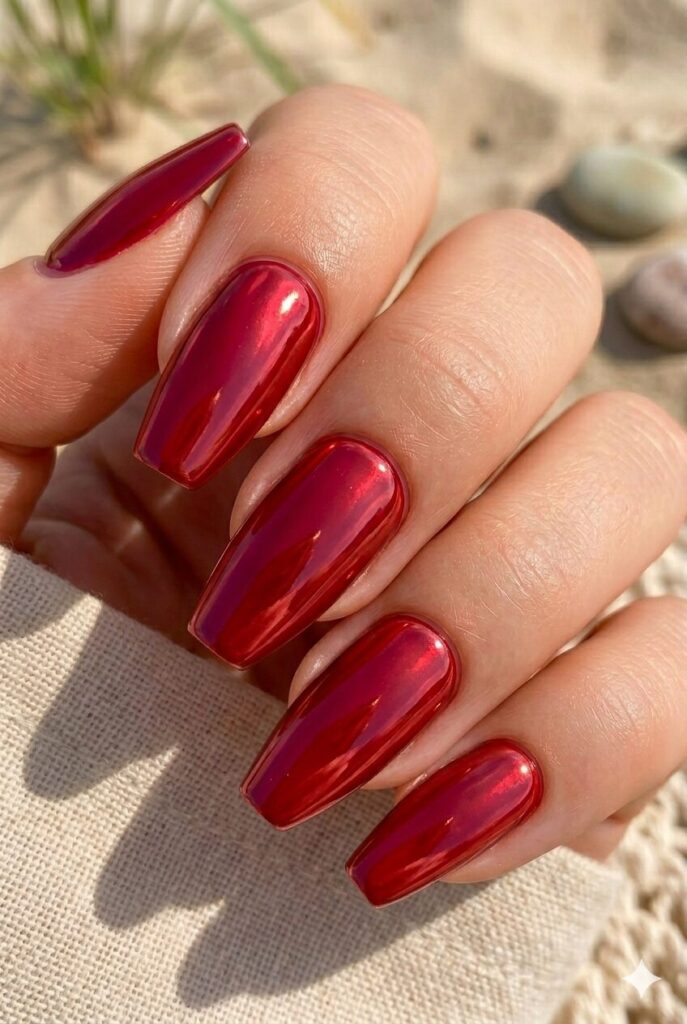 Cherry red chrome nails with bold mirror finish for summer