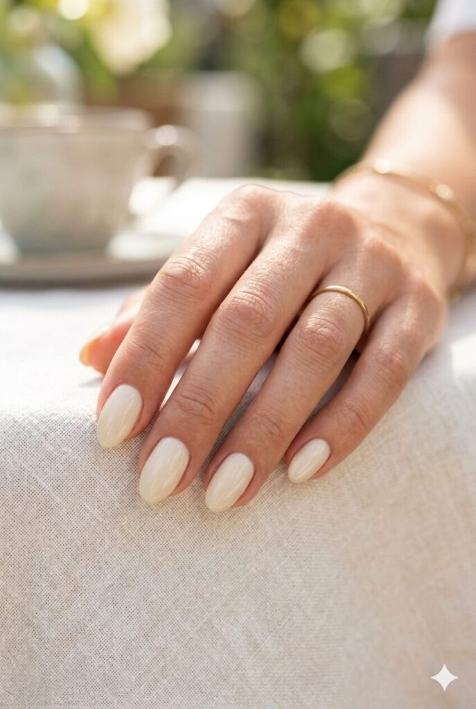 Short almond nails with creamy ivory glossy polish