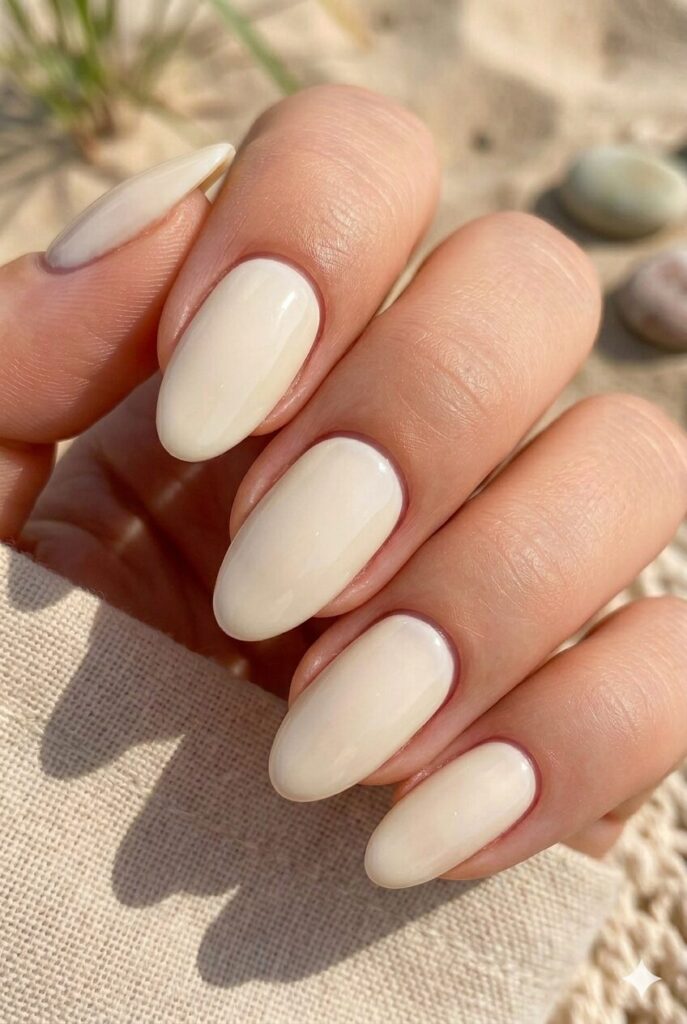 Short almond nails with creamy ivory glossy polish