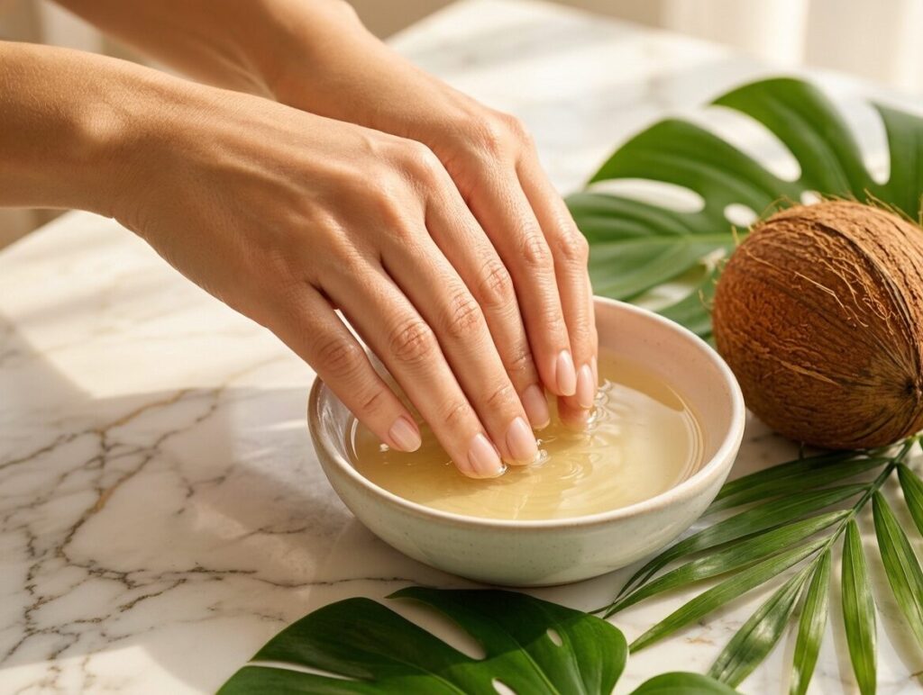 Woman soaking fingertips in warm coconut oil to treat dry cuticles at home