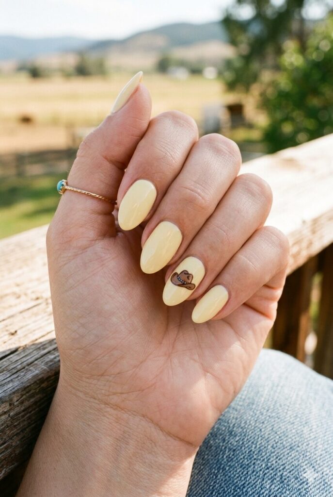 Short almond nails with nude base and tiny cowboy hat accent
