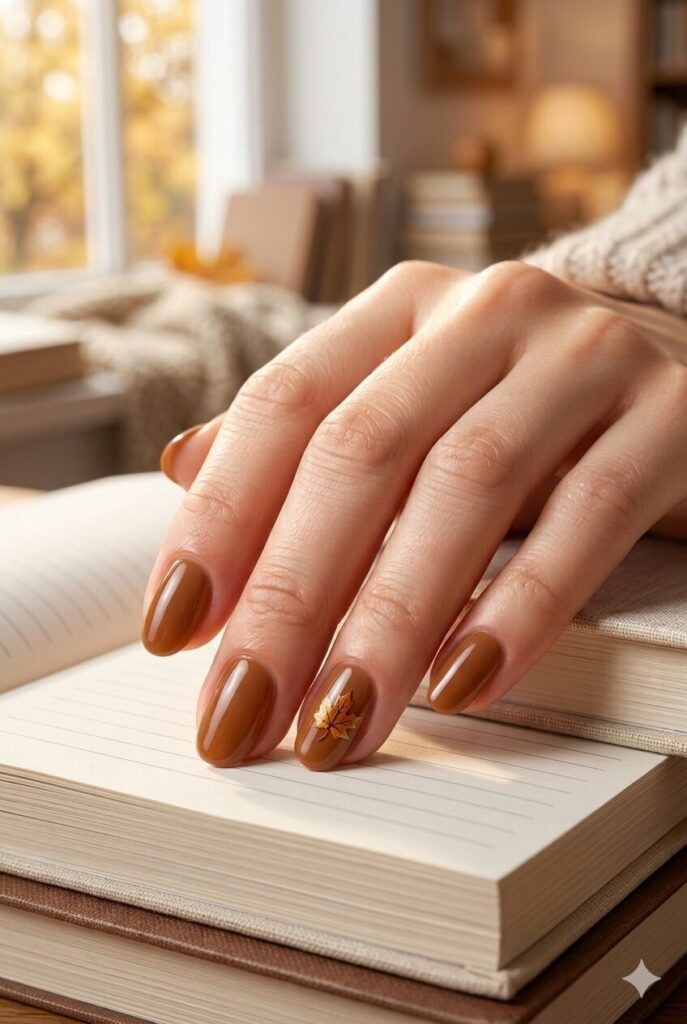 Short oval nails with glossy caramel brown fall polish