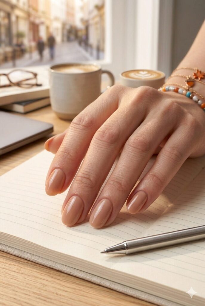 Short oval nails with glossy latte beige café vibe polish