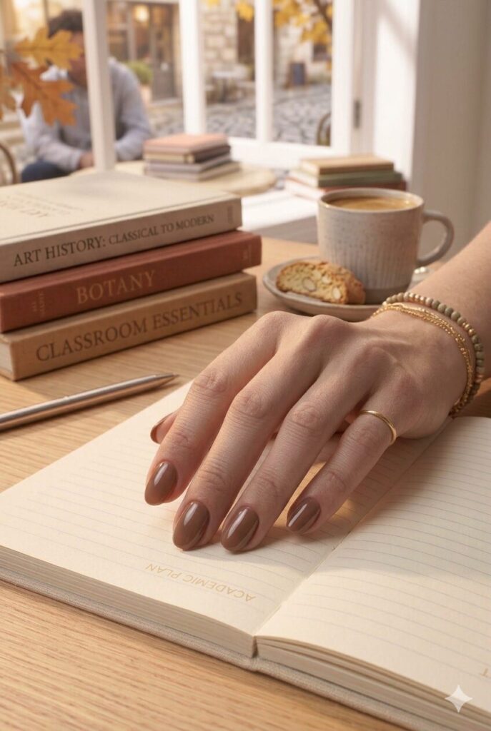 Short almond nails with glossy mocha brown glazed polish