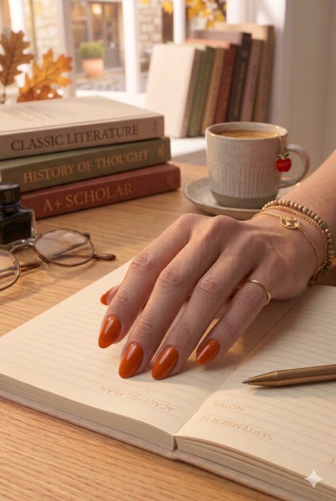 Short oval nails with glossy pumpkin spice orange fall polish