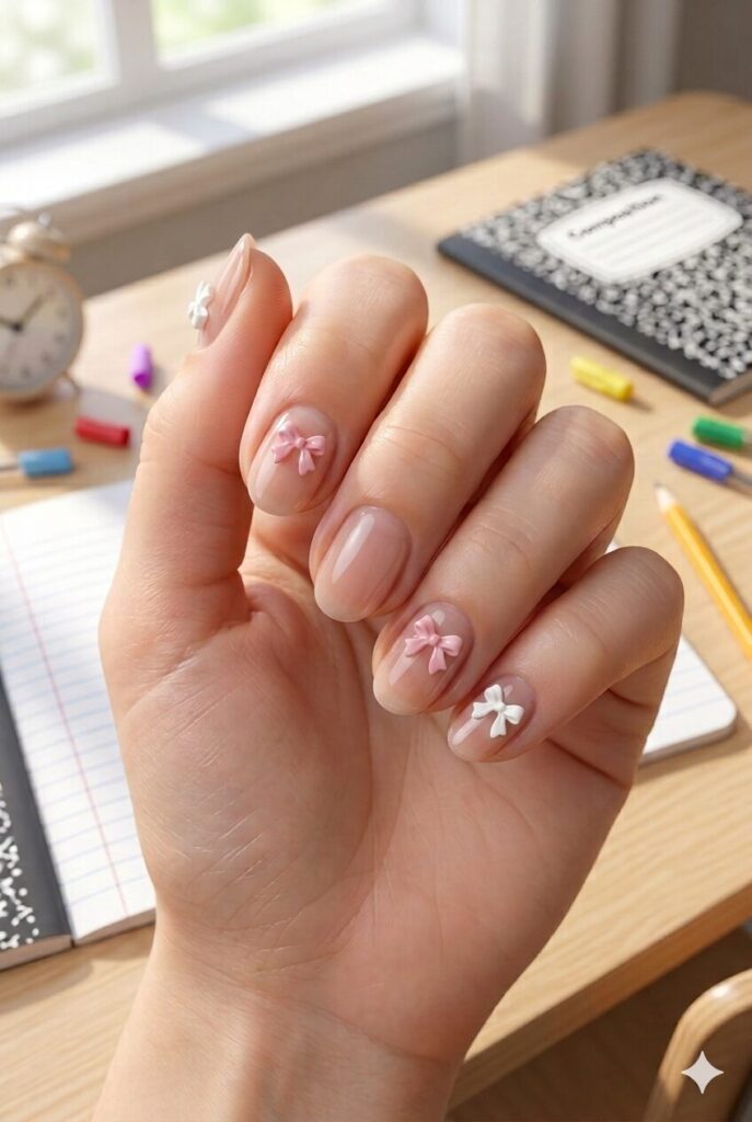 Short oval nails with nude base and tiny pink or white bow accents