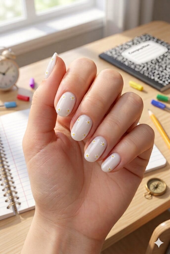 Short oval nails with white base and tiny yellow-center daisy accents