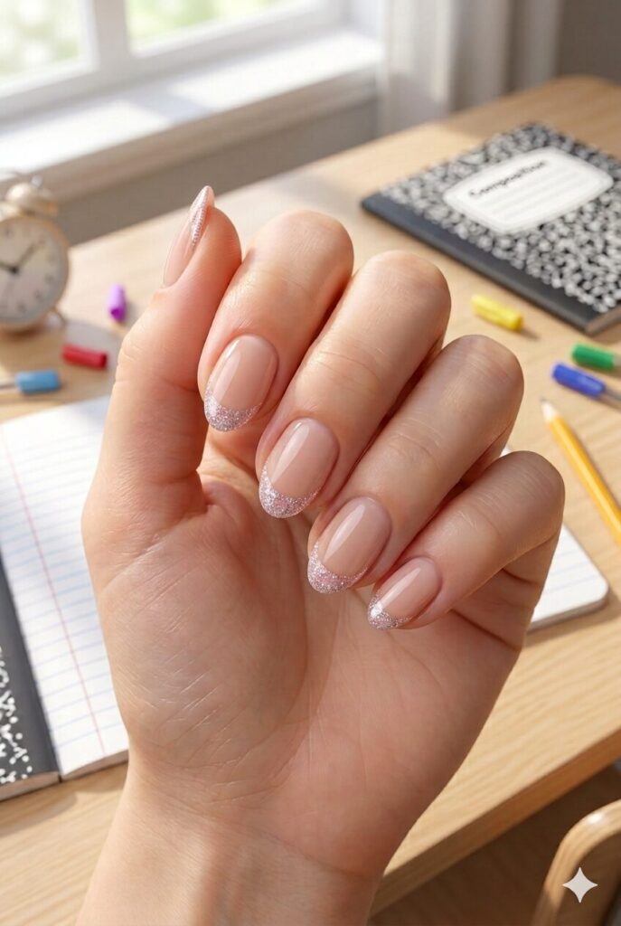 Short almond nails with nude base and soft pink or silver glitter French tips