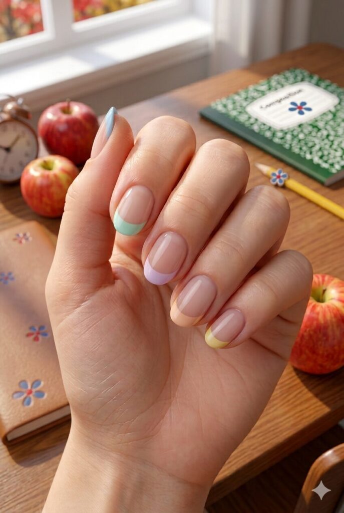 Short almond nails with nude base and different pastel French tips