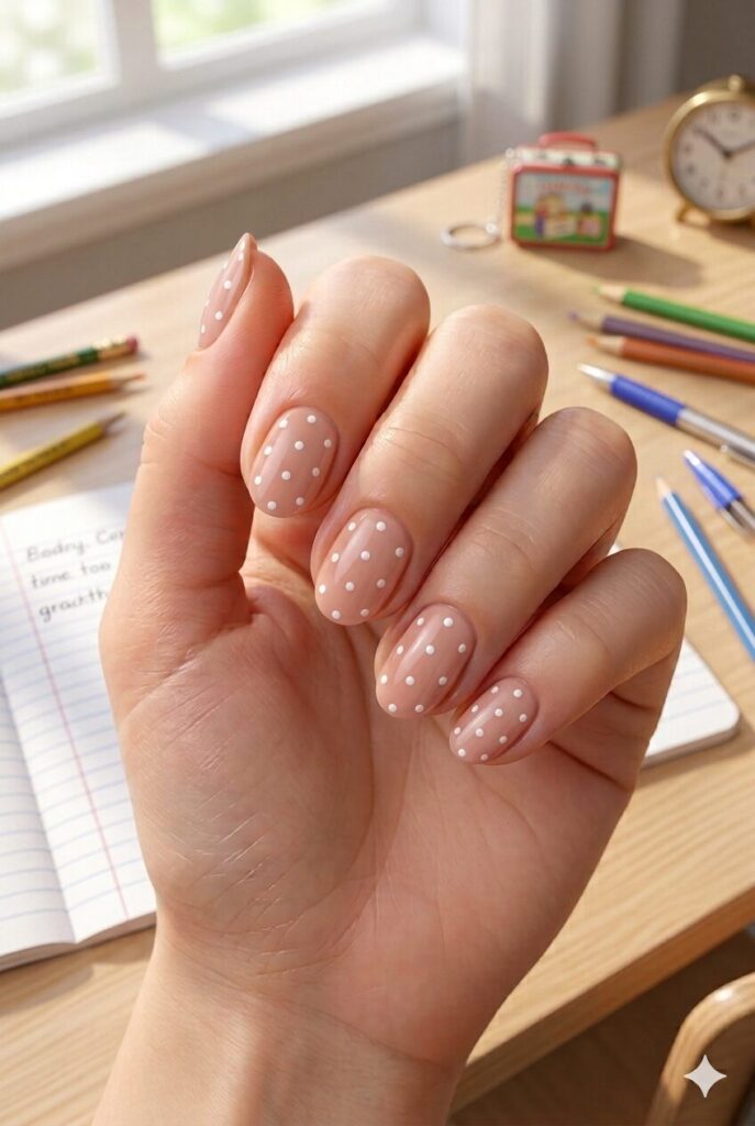 Short oval nails with soft pink base and tiny white polka dots