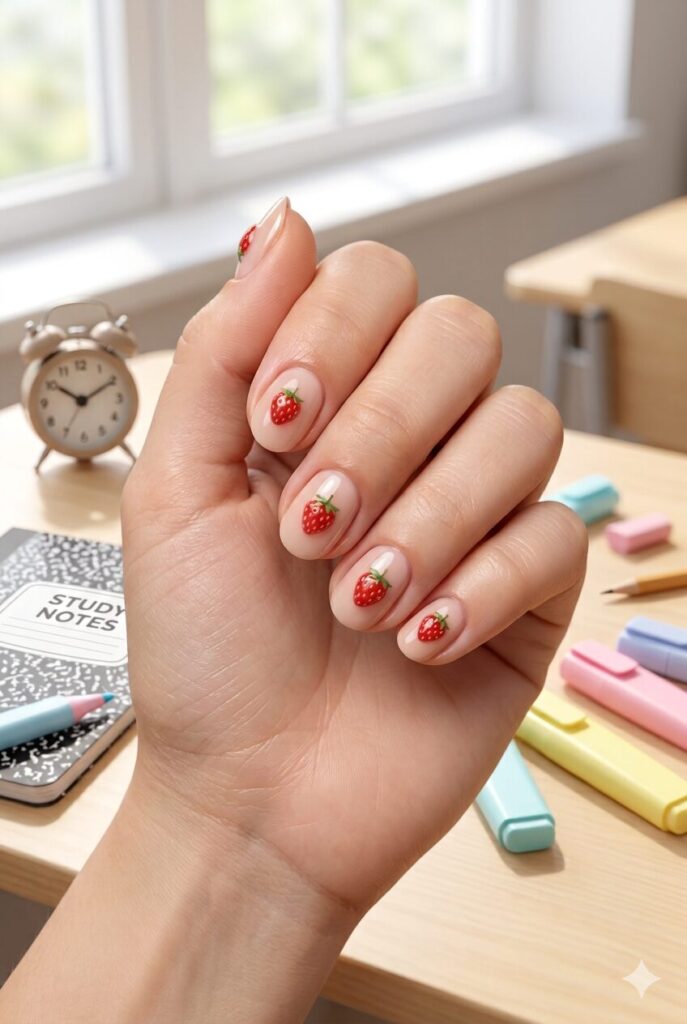 Short oval nails with soft pink base and tiny red strawberry accents
