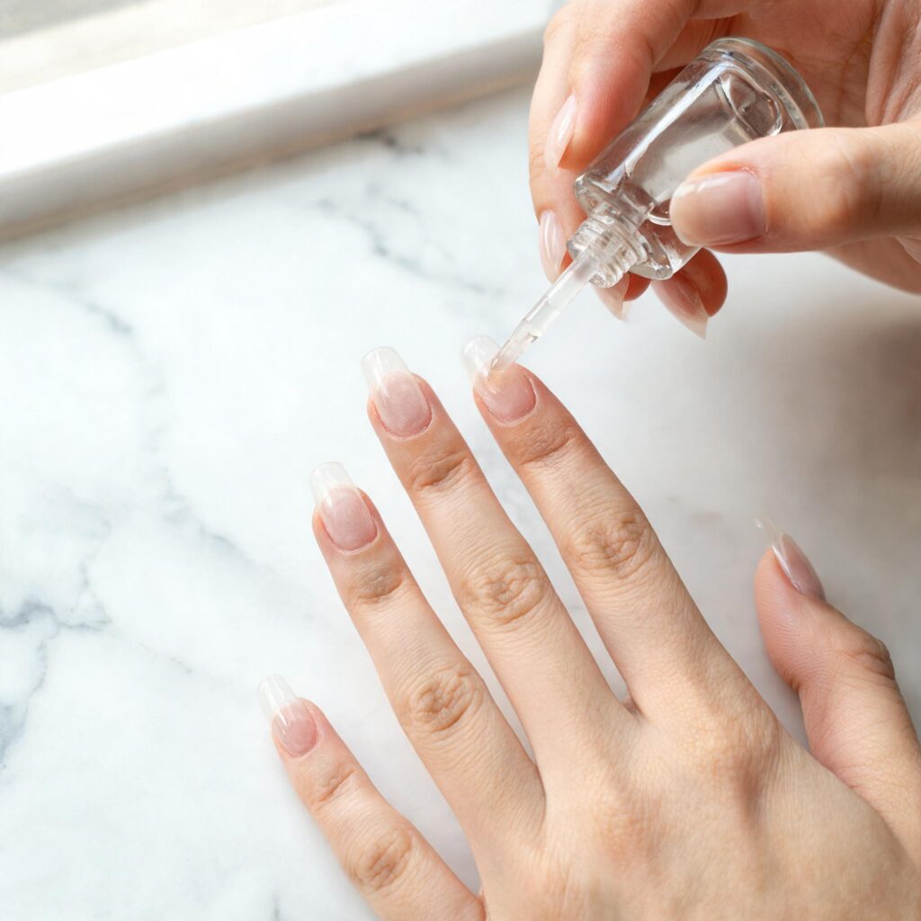 Applying cuticle oil for builder gel for natural nails aftercare and hydration