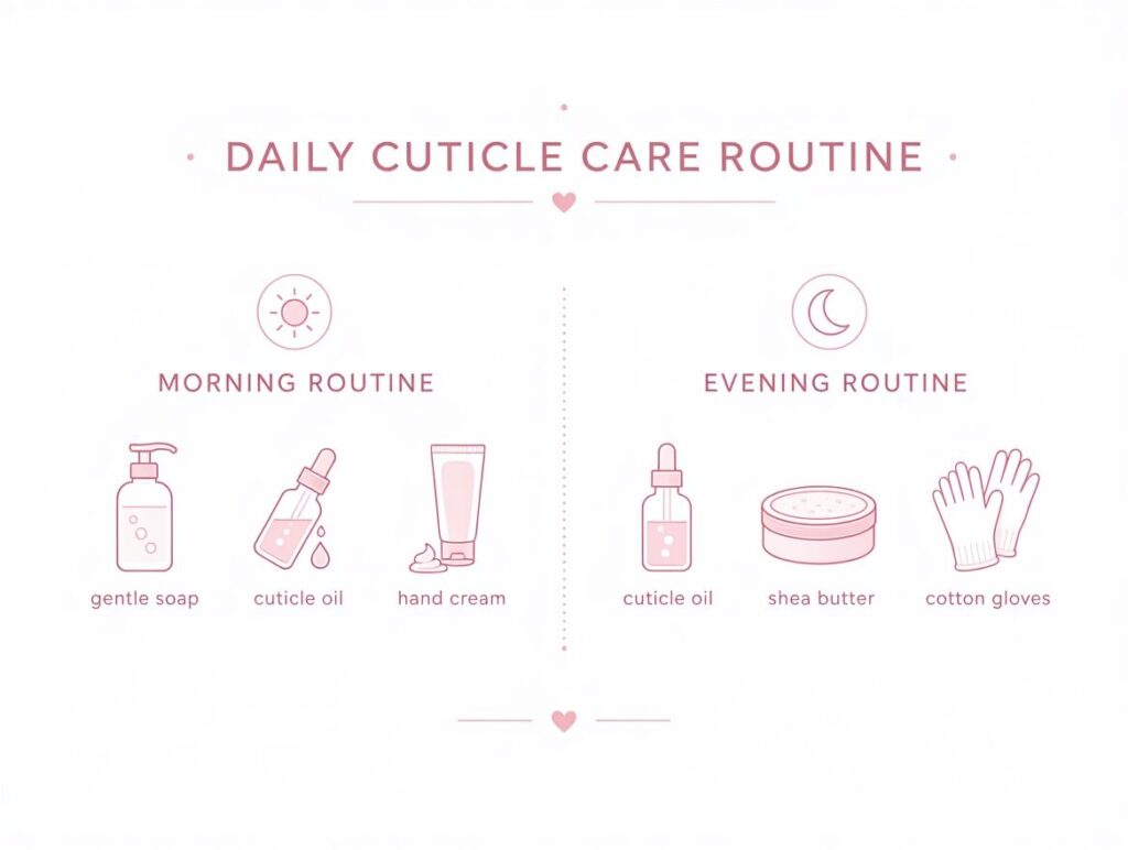 Daily cuticle care routine infographic showing morning and evening steps for healthy cuticles