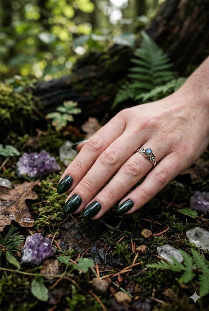Short almond nails with glossy dark forest green moody polish