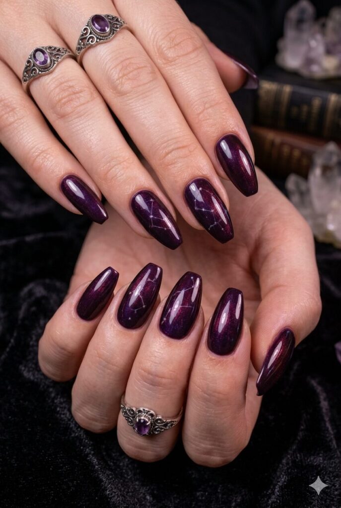 Almond coffin nails with glossy dark plum mystical summer polish