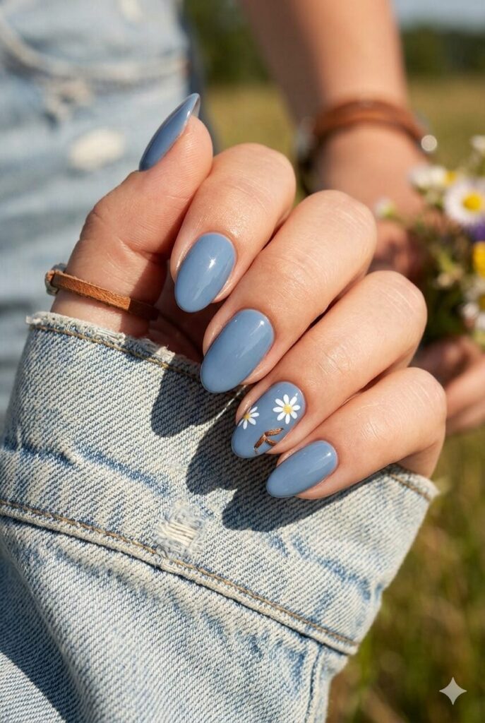 Short almond nails with soft denim blue glossy country polish