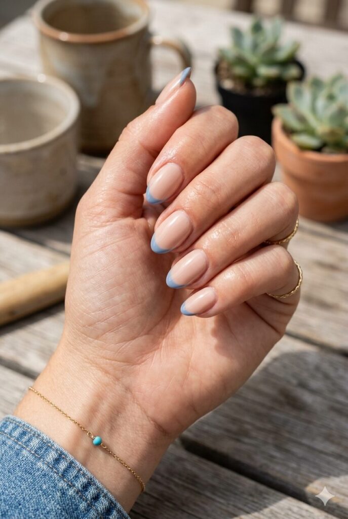 Short almond nails with nude base and denim blue French tips