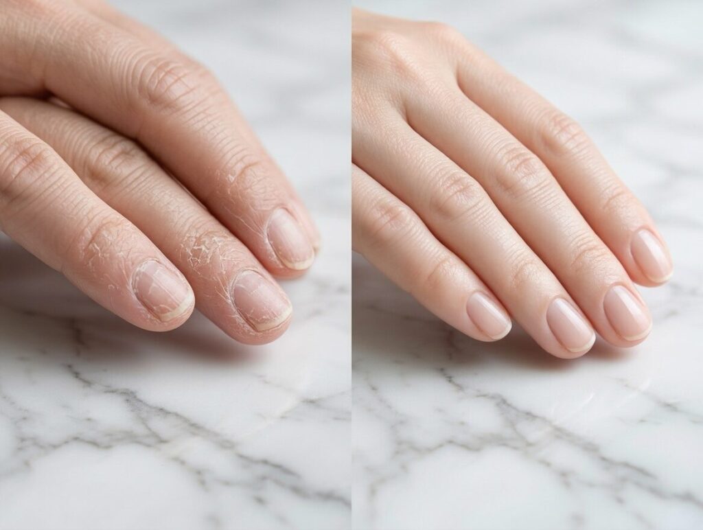 Before and after dry cuticle treatment at home – cracked cuticles vs healthy moisturized cuticles