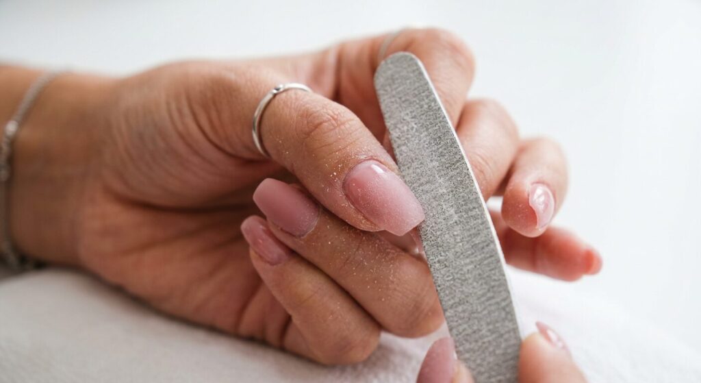 Filing the top layer of a gel x nail before gel x removal at home