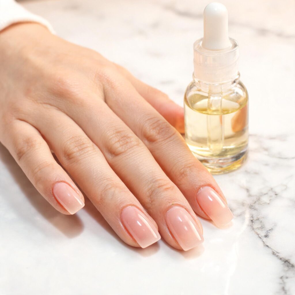 Finished builder gel for natural nails with glossy sheer pink overlay