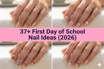 Collage of first day of school nail ideas for 2026 with cute back-to-school designs