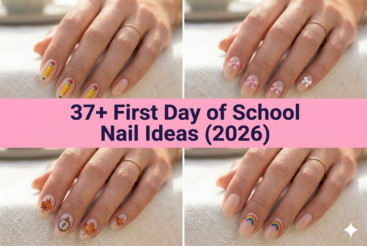 Collage of first day of school nail ideas for 2026 with cute back-to-school designs