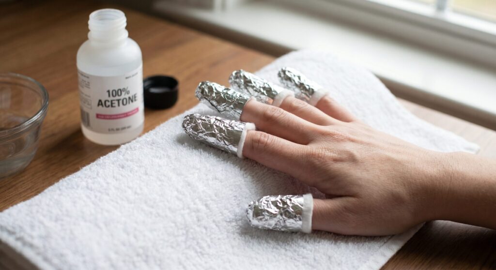 Fingers wrapped in foil for gel x removal at home during acetone soaking