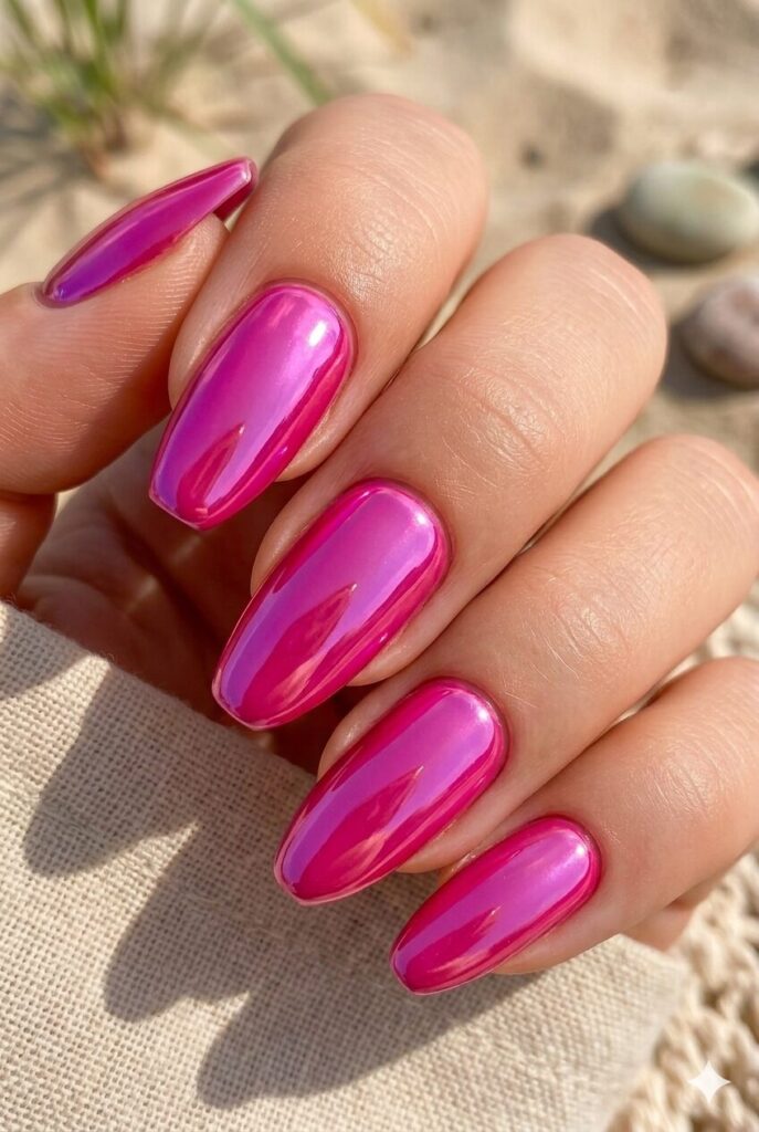Fuchsia pink chrome almond coffin nails with mirror finish
