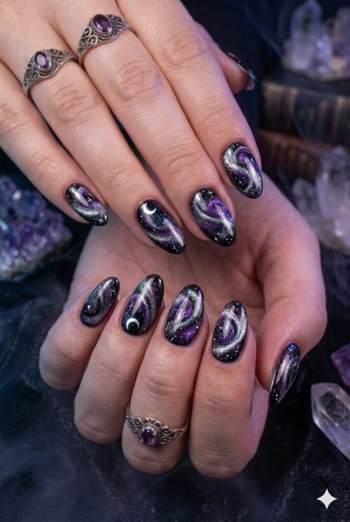 Long almond nails with black purple and silver galaxy swirl art