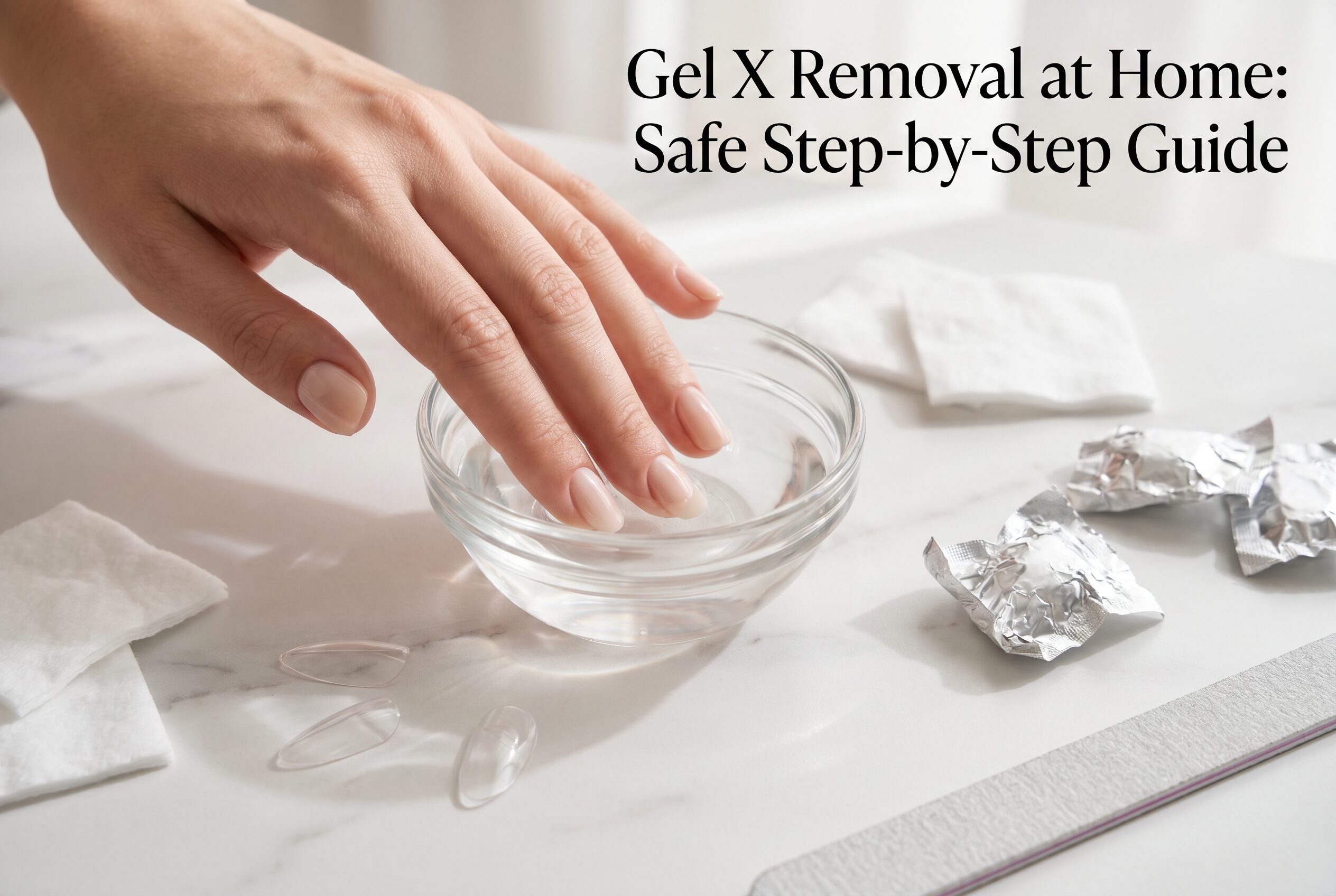 Gel x removal at home featured image showing fingertips soaking in acetone with removed gel x tips