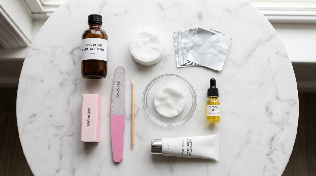 Tools needed for gel x removal at home including acetone foil cotton pads nail file and cuticle oil