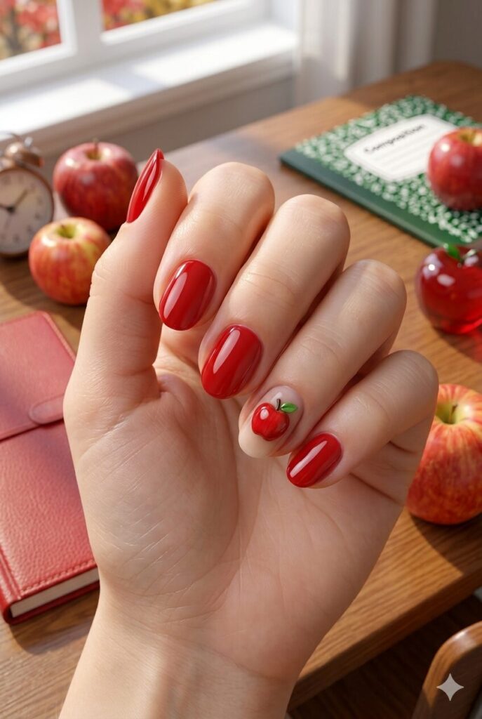 Short almond nails with glossy bright apple red polish