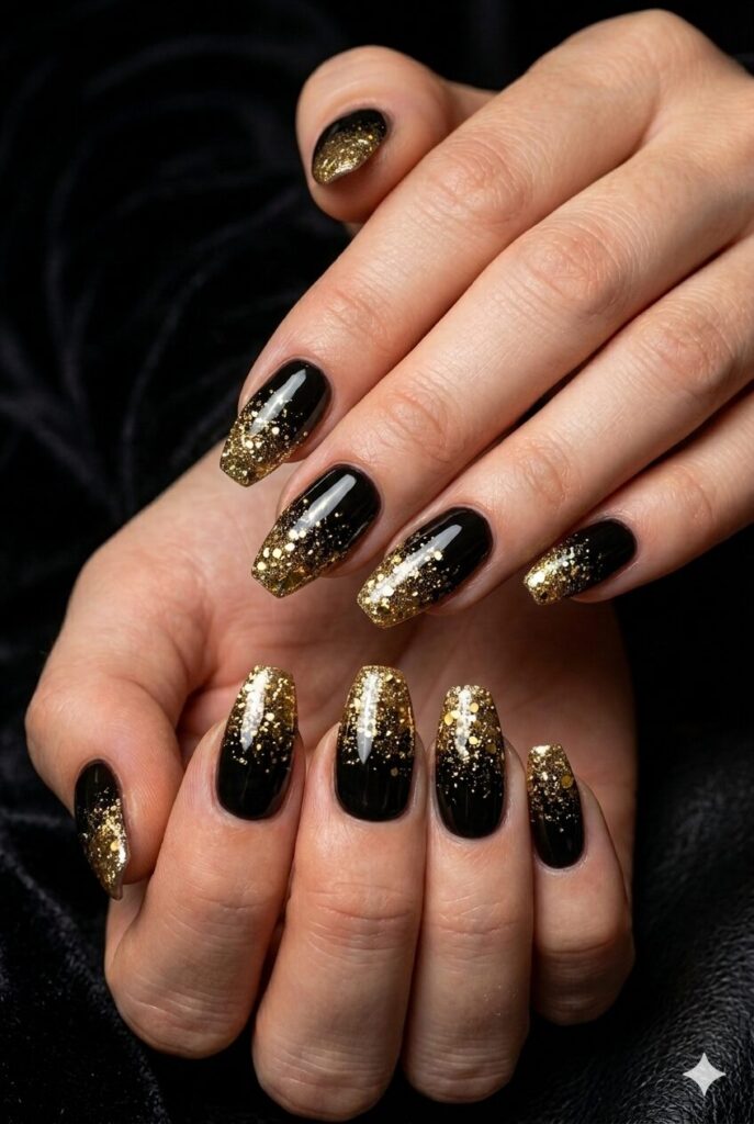 Almond coffin nails with glossy black and gold glitter ombre tips