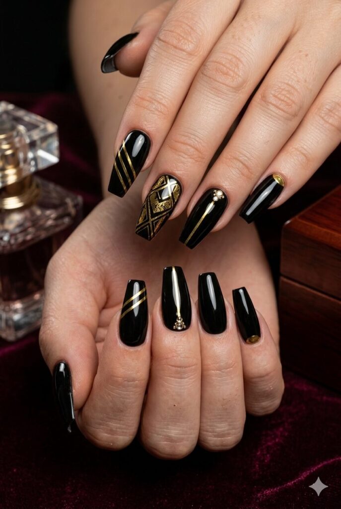 Coffin nails with glossy black base and thin gold stripe details