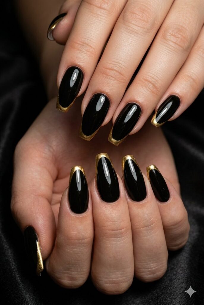 Coffin almond nails with glossy black base and gold French tips
