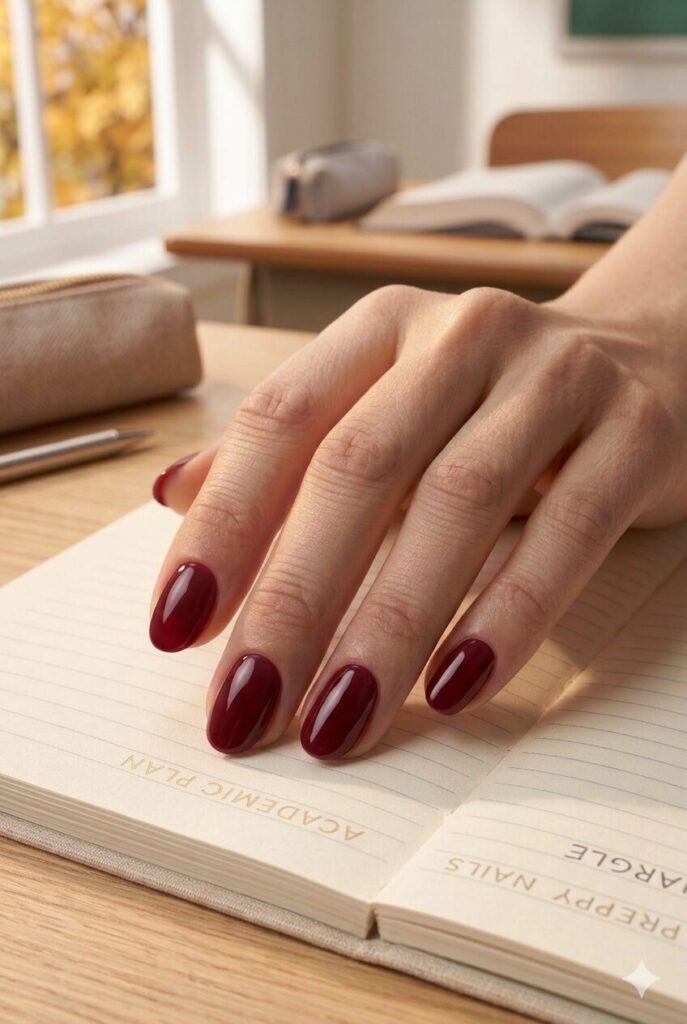 Short almond nails with glossy rich burgundy fall polish