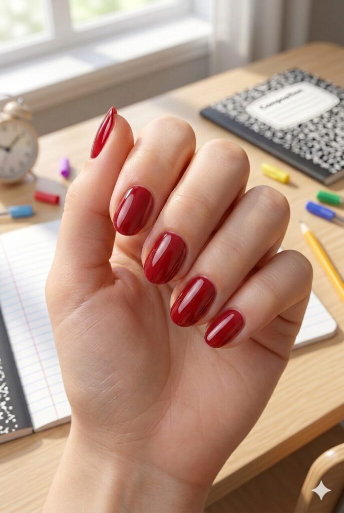Short almond nails with glossy cherry red polish