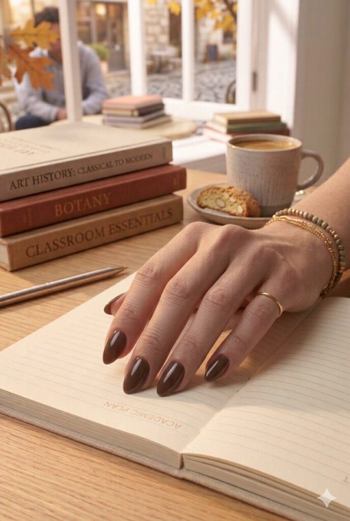 Short almond nails with glossy rich espresso brown polish
