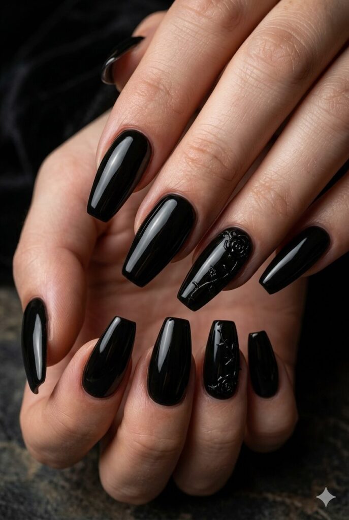 Almond coffin nails with glossy jet black mirror shine summer polish