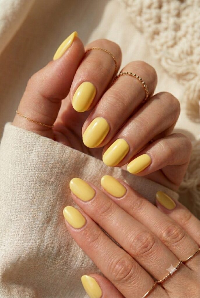 Short oval nails with glossy lemon yellow summer polish