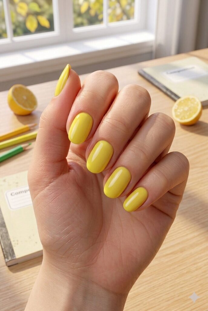 Short oval nails with glossy lemon yellow polish