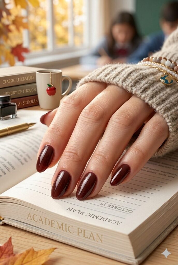 Short almond nails with glossy maroon fall polish