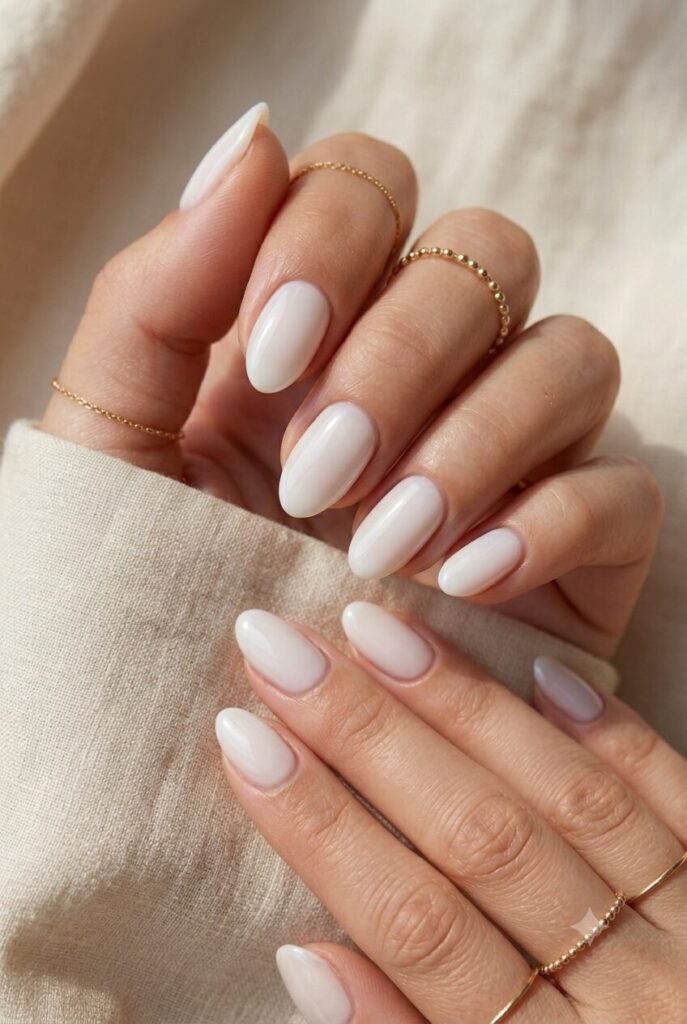 Short almond nails with glossy milky white smooth polish